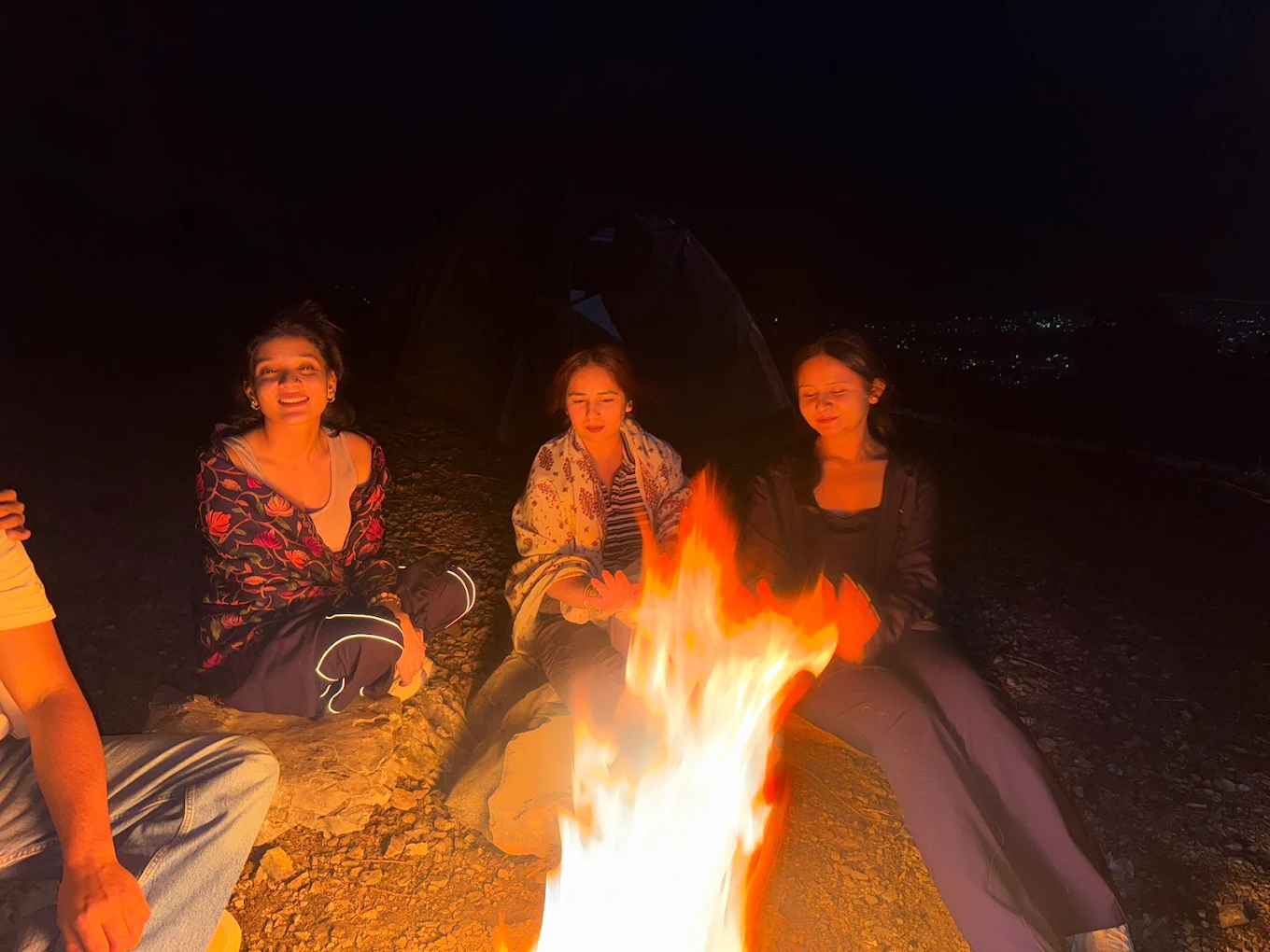 Friends around bonfire
