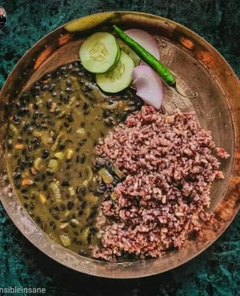 Bhatt ki Churkani black soybean curry served with pahadi red hill rice