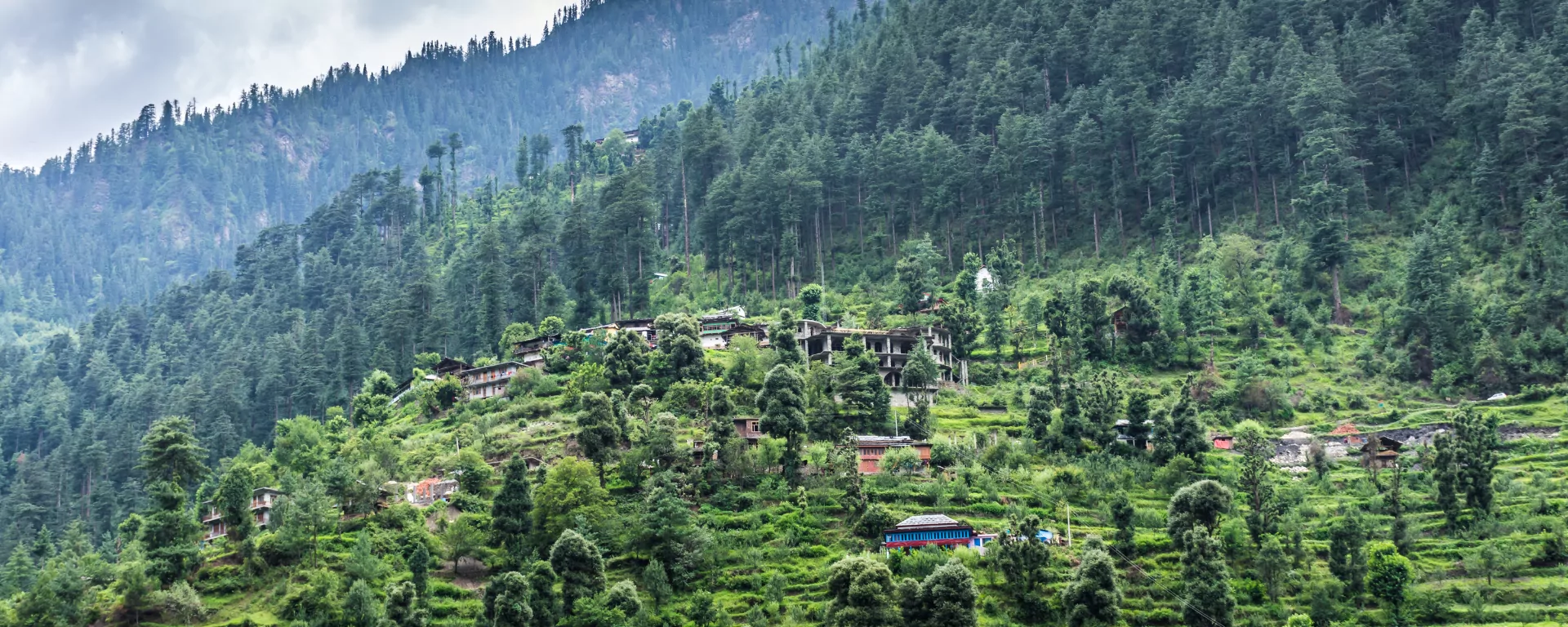 Stone house and terraced fields in a Garhwali village