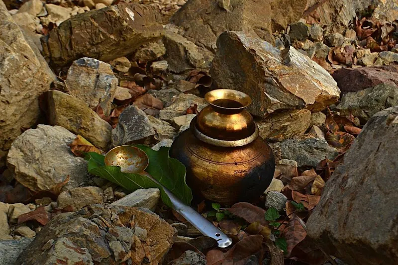 Wood-fired cooking in copper vessels at the organic kitchen of the forest retreat