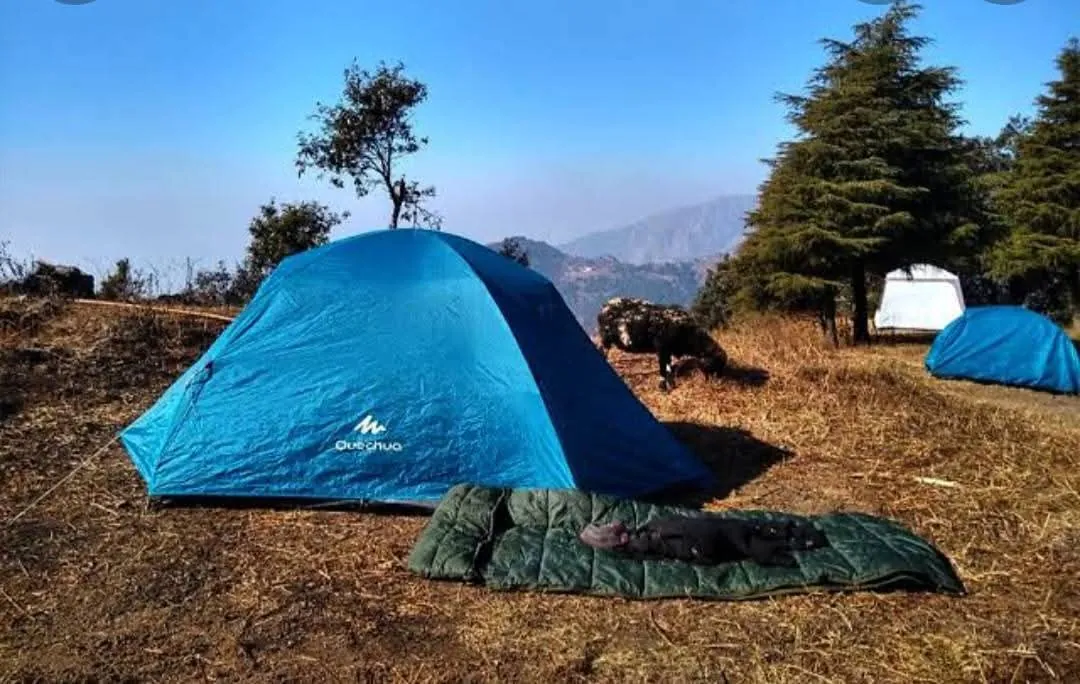 A tent pitched on a quiet ridge with mountain views in Uttarakhand