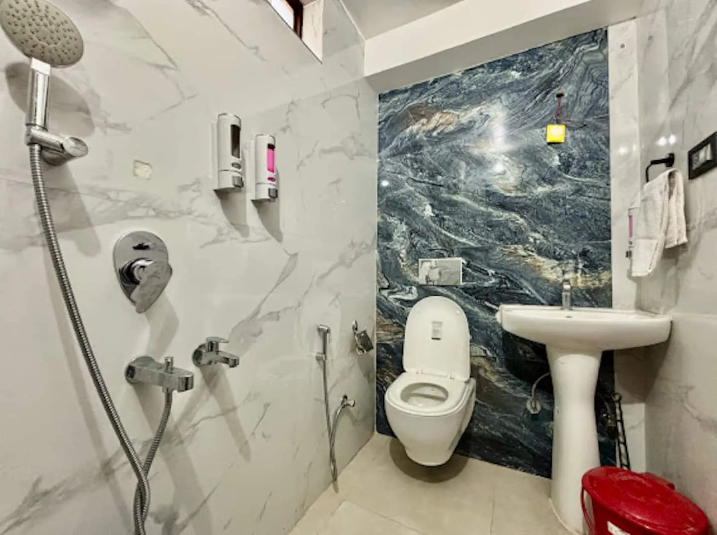 Marble bathroom with hot water shower at Prembasant Homestay, Rishikesh