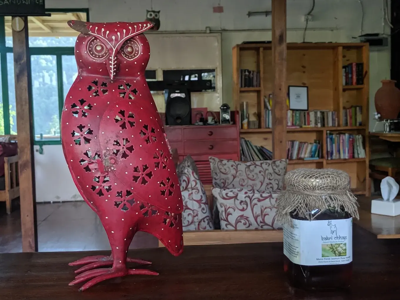Library corner with the red owl at Seegreen Lodges Mussoorie