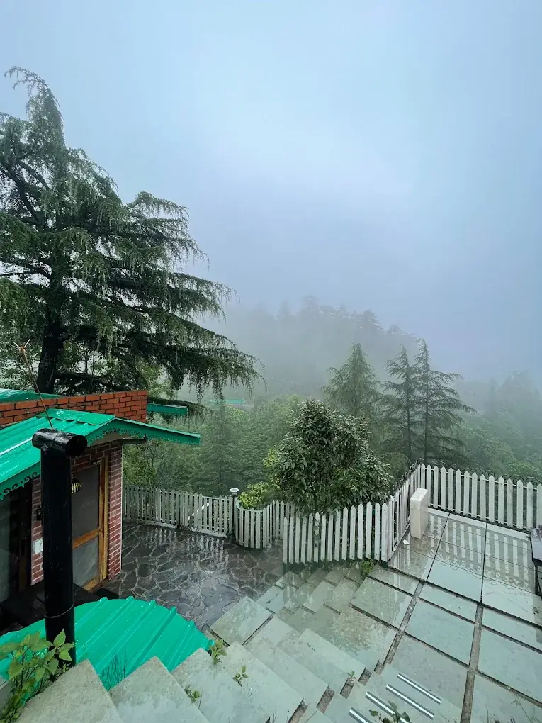 Fog rolling over the deck at Seegreen Mussoorie