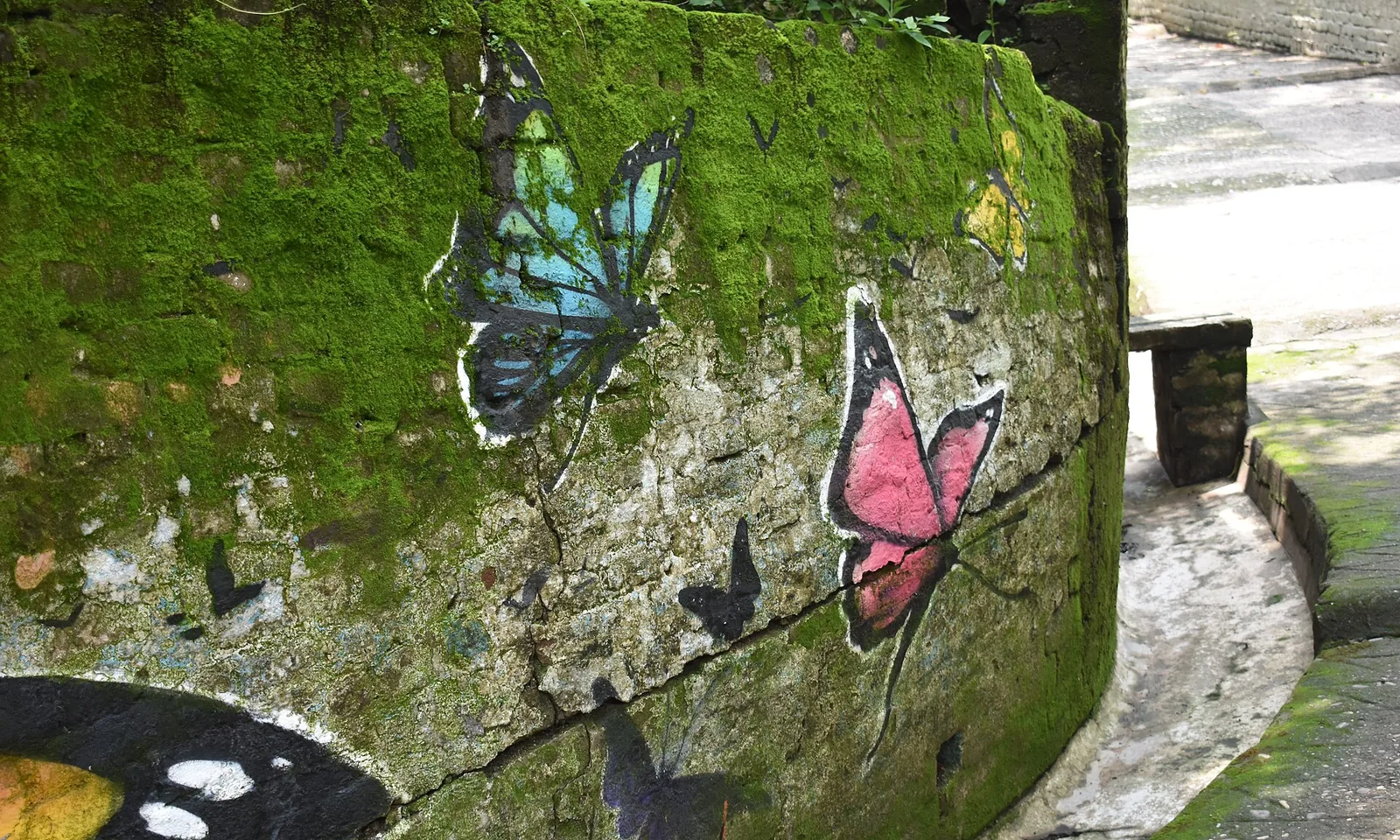 Butterfly mural painted on a moss-covered stone meditation dome at the Beatles Ashram, Rishikesh