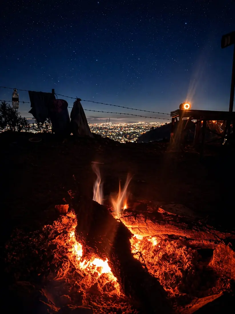 The bonfire burning at night at Camp George Everest, with the lights of the Doon Valley below