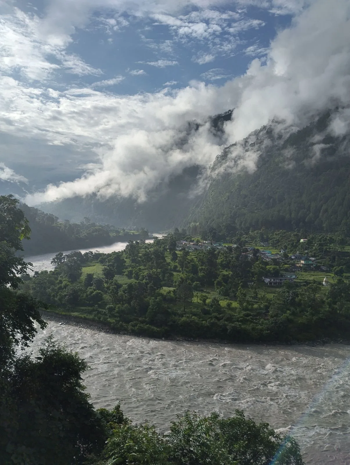 The Bhagirathi river and Matli village seen from Grandparents Homestay, Uttarkashi