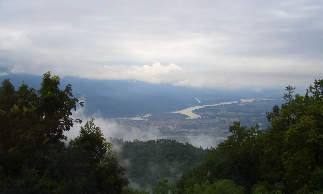 View from the Narendra Nagar ridge over forest to the Ganga valley below, Tehri Garhwal