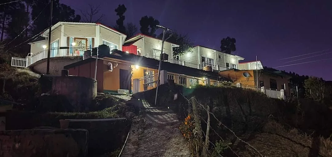 The property lit up after dark