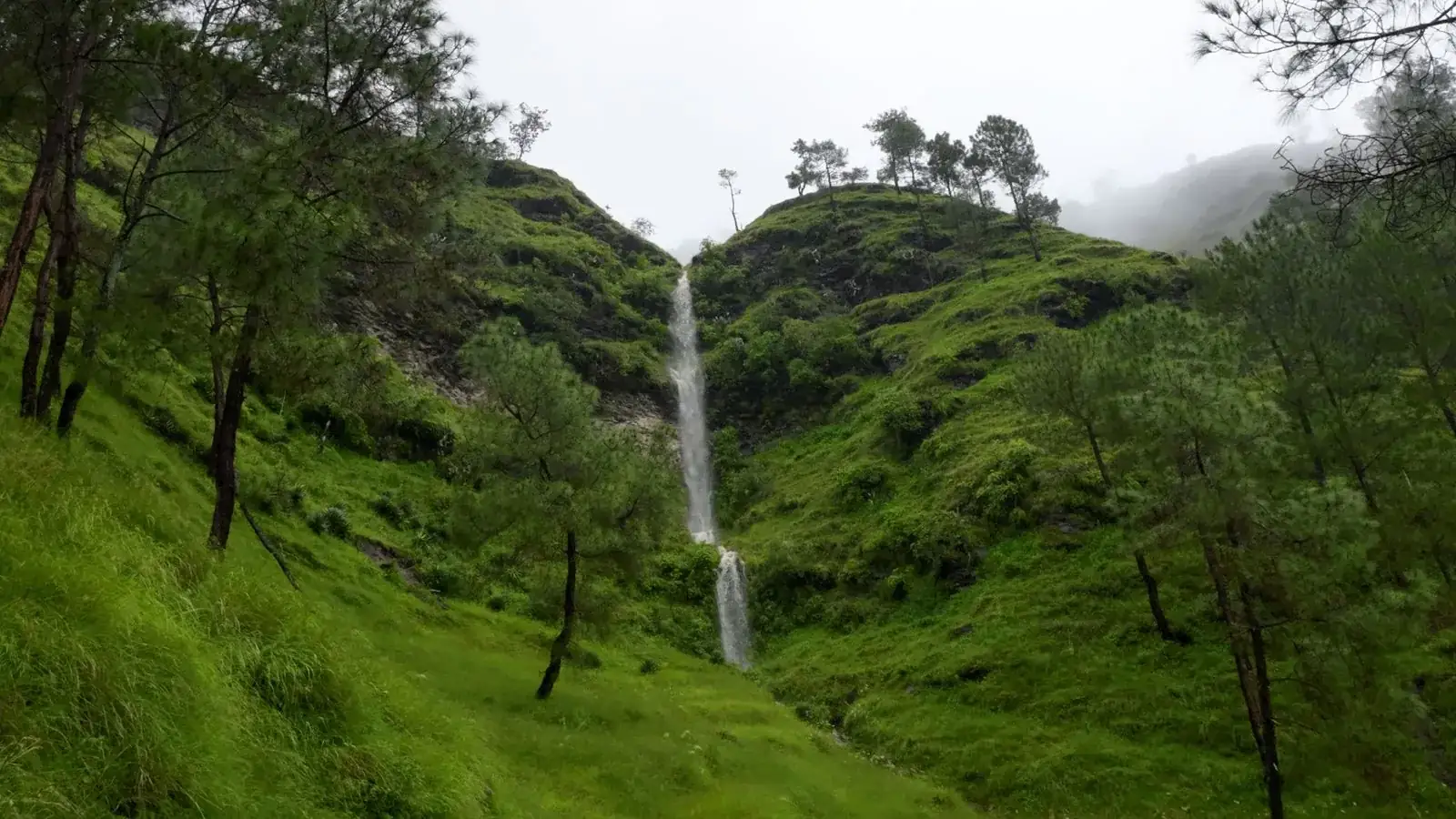 Waterfall cascading through green forest in Uttarakhand near Rishikesh
