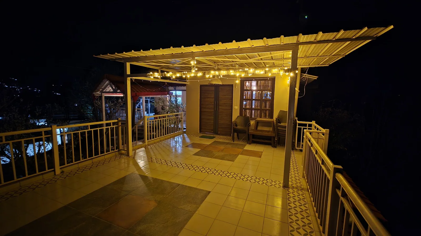 The pavilion lit up at night at WindyRidge, Darima, Mukteshwar