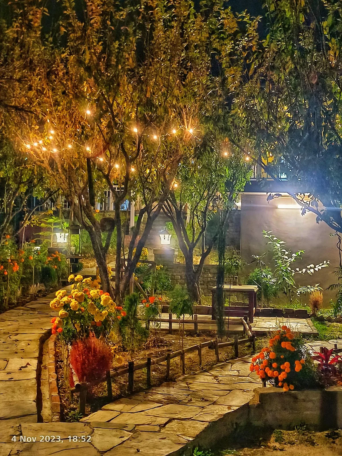 Garden lights and flowers in the evening at WindyRidge, Mukteshwar